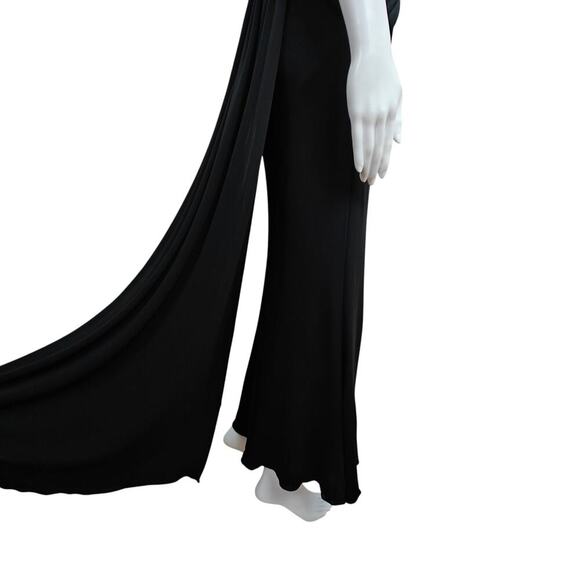 Badgley Mischka Evening Gown Dress Sz 4 Black Stretch Ruched Drape Train Wedding - Picture 7 of 11